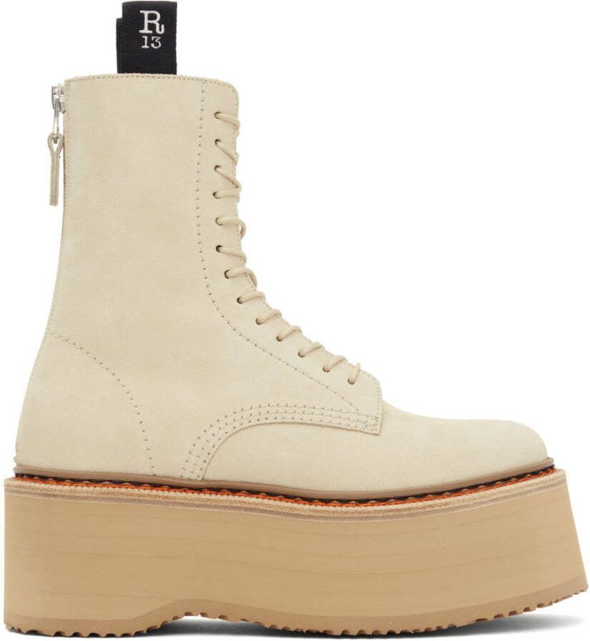 R13 Beige Suede Single Stack Lace-Up Boots - Picture 4