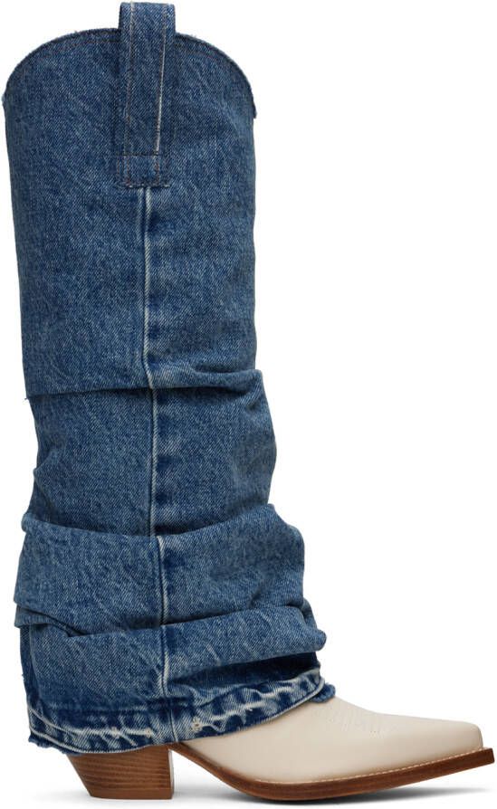 R13 Blue  Off-White Mid Cowboy Boots - Picture 9