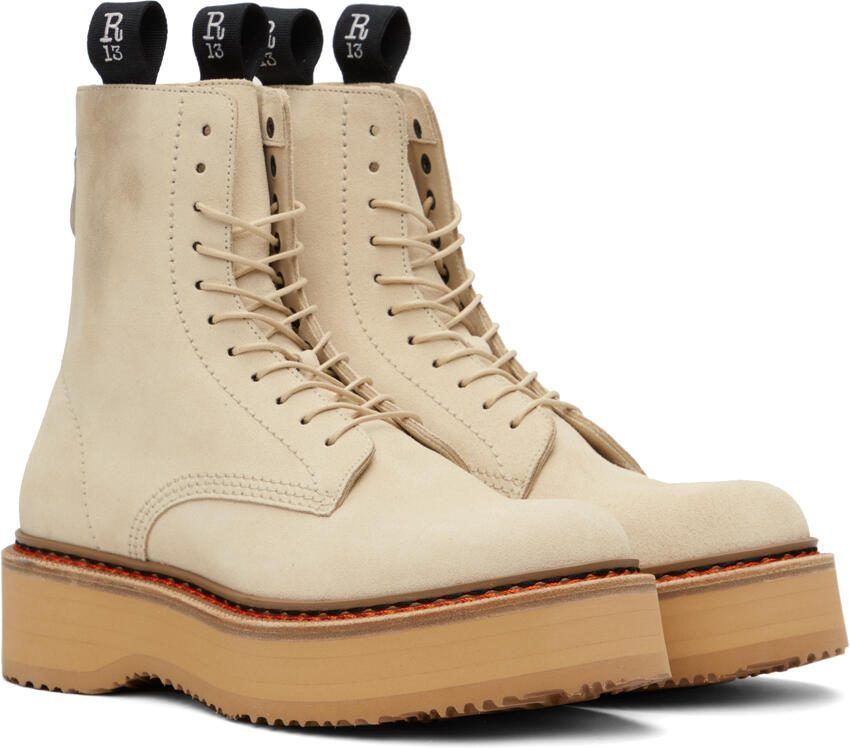 R13 Beige Suede Single Stack Lace-Up Boots - Picture 2