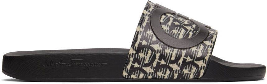 Salvatore Ferragamo Black  Beige Gancini Slides - Picture 6