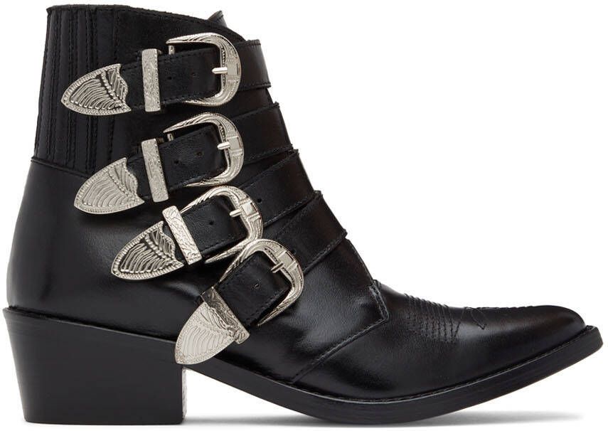 Toga Pulla Black Leather Four Buckle Western Boots - Picture 5
