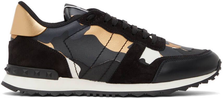 Valentino Garavani Black  Gold Camouflage Rockrunner Sneakers - Picture 5