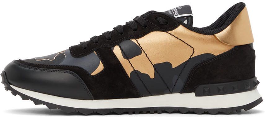 Valentino Garavani Black  Gold Camouflage Rockrunner Sneakers - Picture 4
