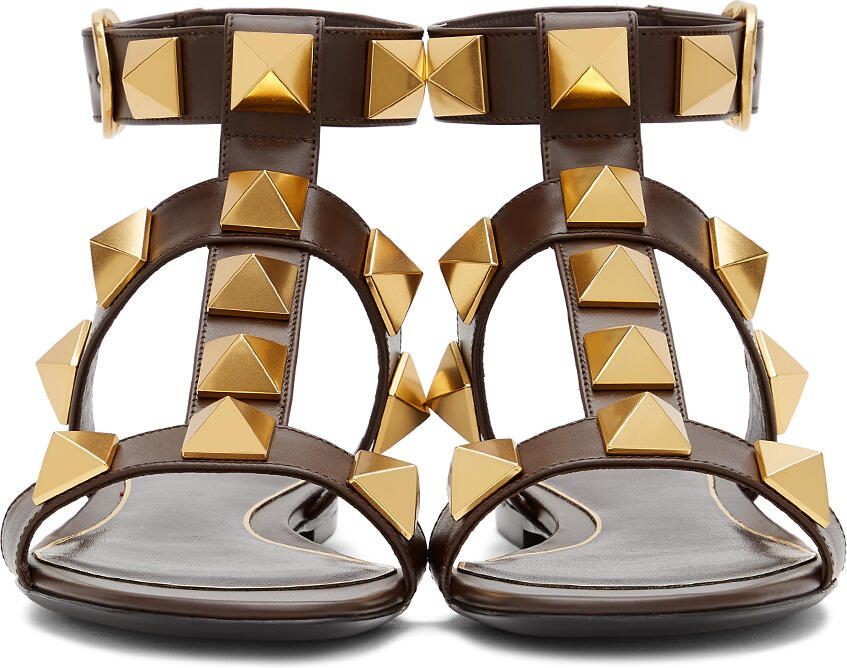 Valentino Garavani Brown Leather Roman Stud Flat Sandals - Picture 2