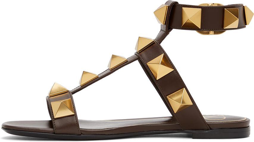 Valentino Garavani Brown Leather Roman Stud Flat Sandals - Picture 4