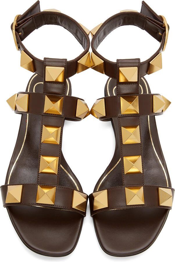 Valentino Garavani Brown Leather Roman Stud Flat Sandals - Picture 3