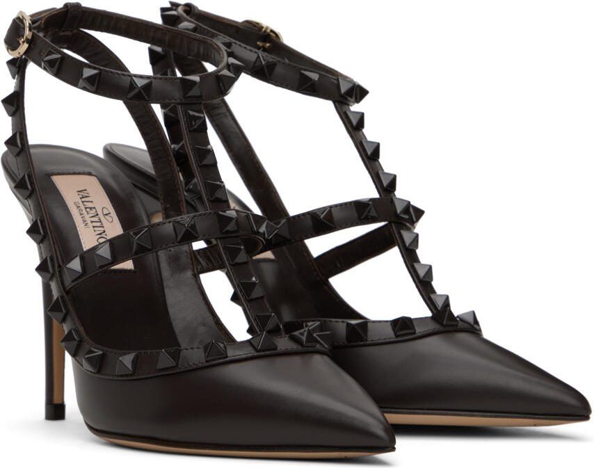 Valentino Garavani Brown Rockstud Ankle Strap Heels - Picture 2