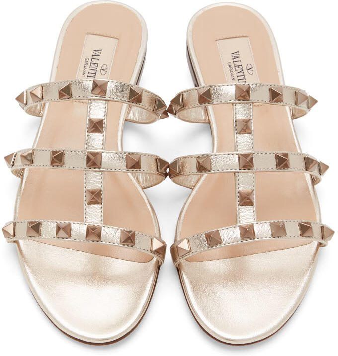 Valentino Garavani Gold Rockstud Cage Flat Slide Sandals