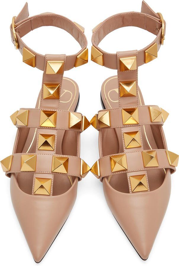 Valentino Garavani Taupe Leather Roman Stud Ballet Flats - Picture 3