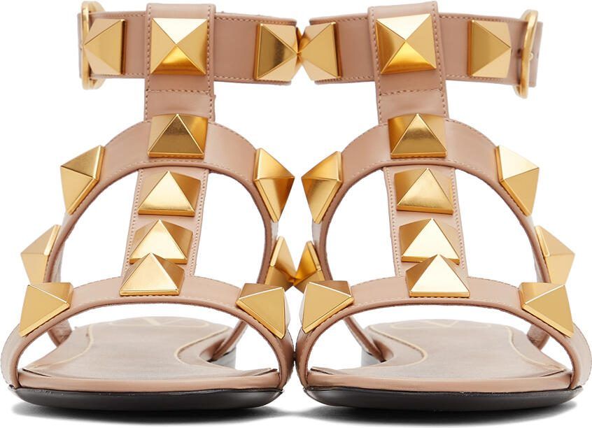 Valentino Garavani Taupe Leather Roman Stud Flat Sandals - Picture 3