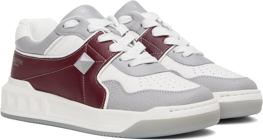 Valentino Garavani White  Burgundy One Stud Sneakers - Picture 2