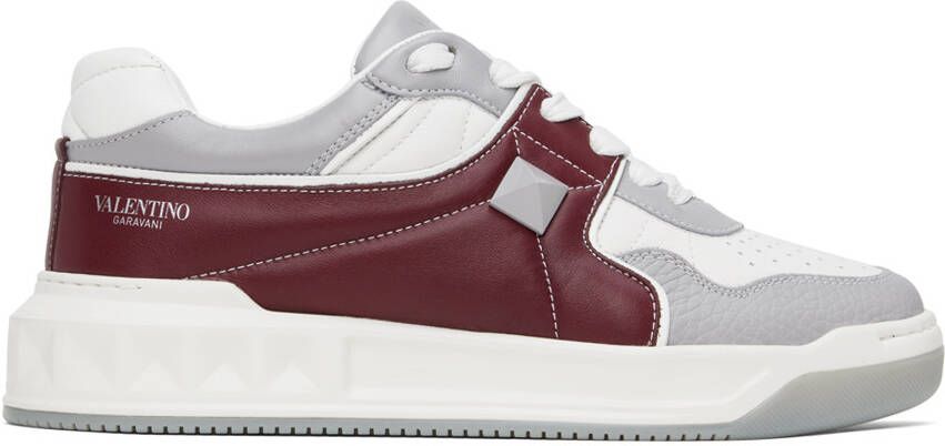 Valentino Garavani White  Burgundy One Stud Sneakers - Picture 5