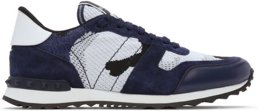 Valentino Garavani White  Navy Mesh Camouflage Rockrunner Sneakers - Picture 5