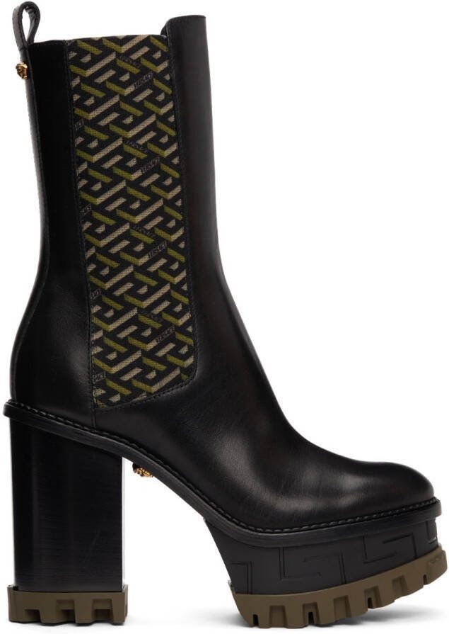 Versace Black  Khaki La Greca Boots - Picture 4