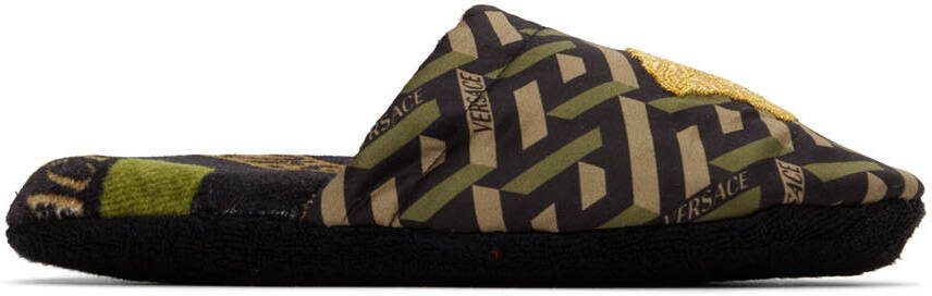 Versace Black  Khaki La Greca Slippers - Picture 5