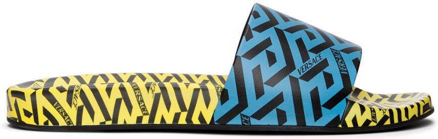 Versace Blue  Yellow 'La Greca' Print Slides - Picture 5