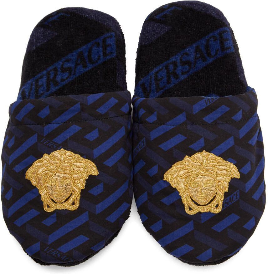 Versace Black  Blue La Greca Slippers