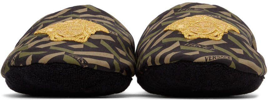 Versace Black  Khaki La Greca Slippers - Picture 2