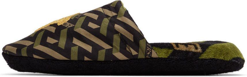 Versace Black  Khaki La Greca Slippers - Picture 4