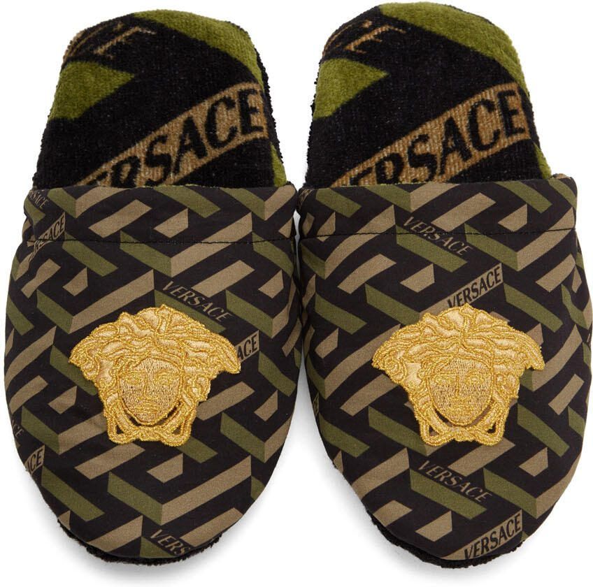 Versace Black  Khaki La Greca Slippers