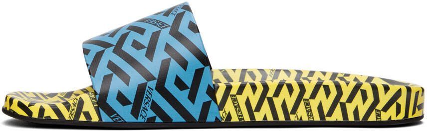 Versace Blue  Yellow 'La Greca' Print Slides - Picture 4