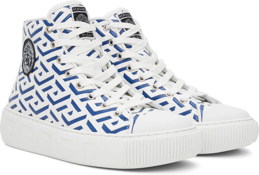 Versace White  Blue Greca Sneakers - Picture 2