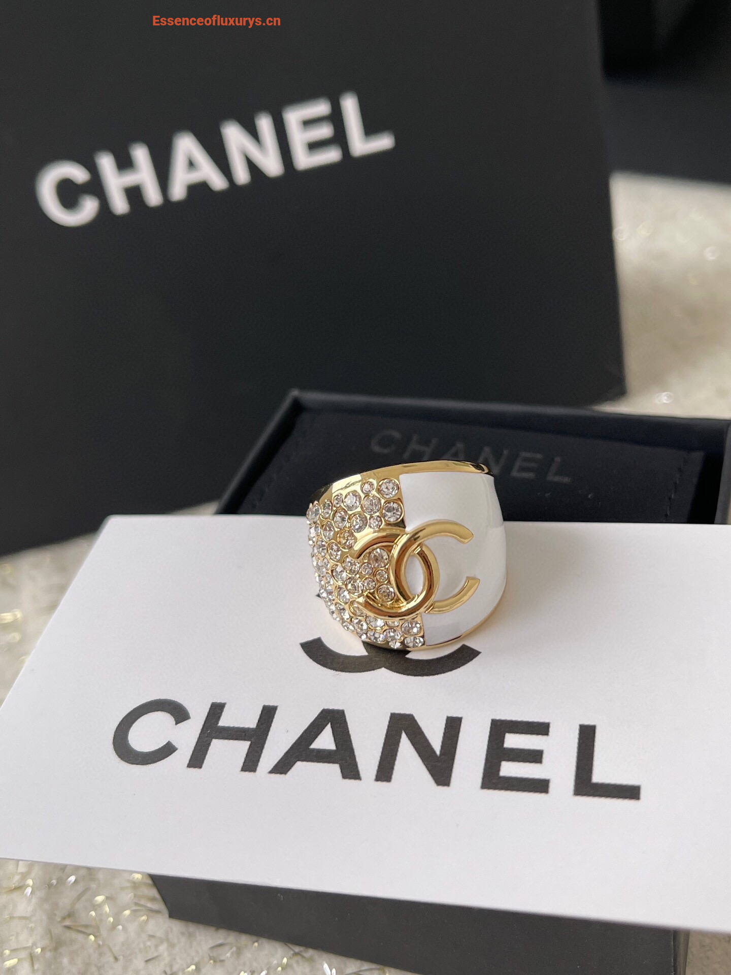 Chanel White Crystals CC Logo Rings