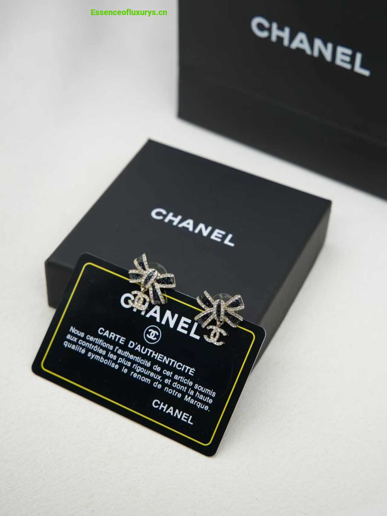 Chanel Crystal Bow Earrings Black