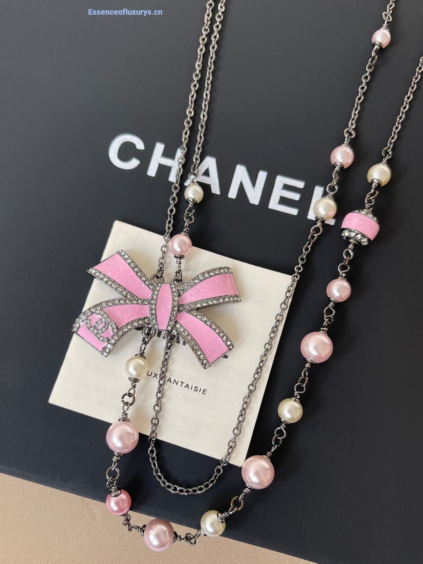 Chanel Pink Bowknot Pearls Necklaces