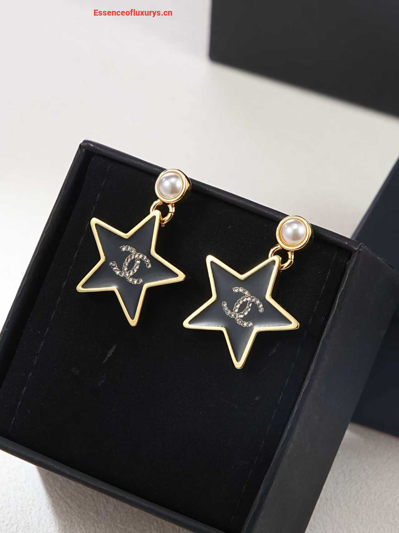 Chanel CC Black Star Hoop Earrings
