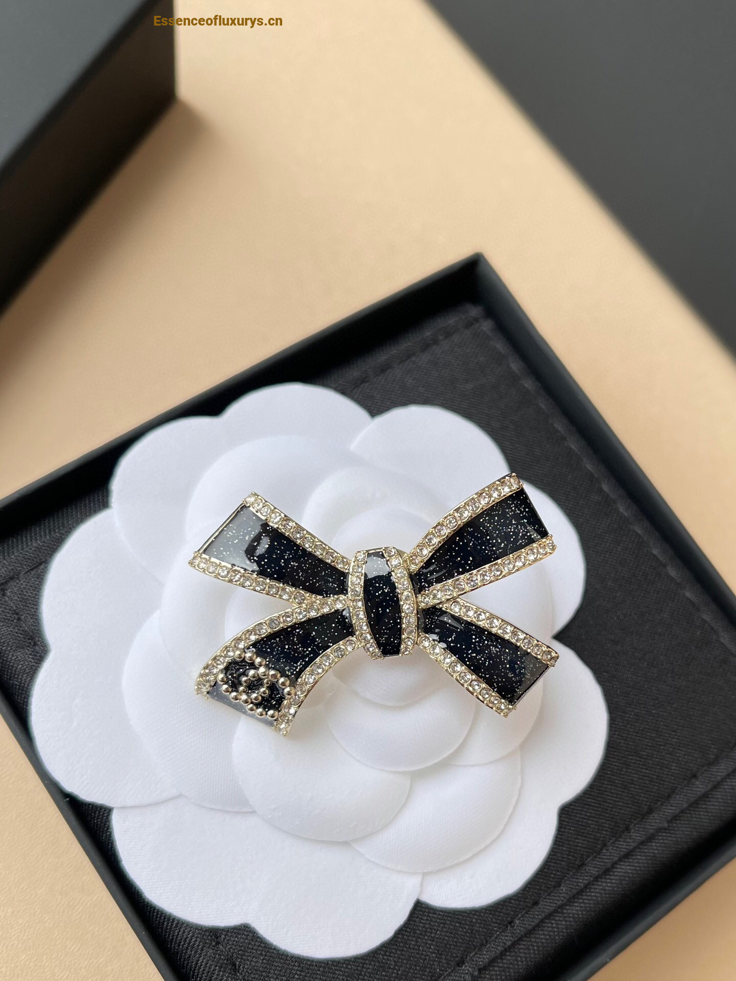 Chanel Crystals CC Black Bowknot Brooch