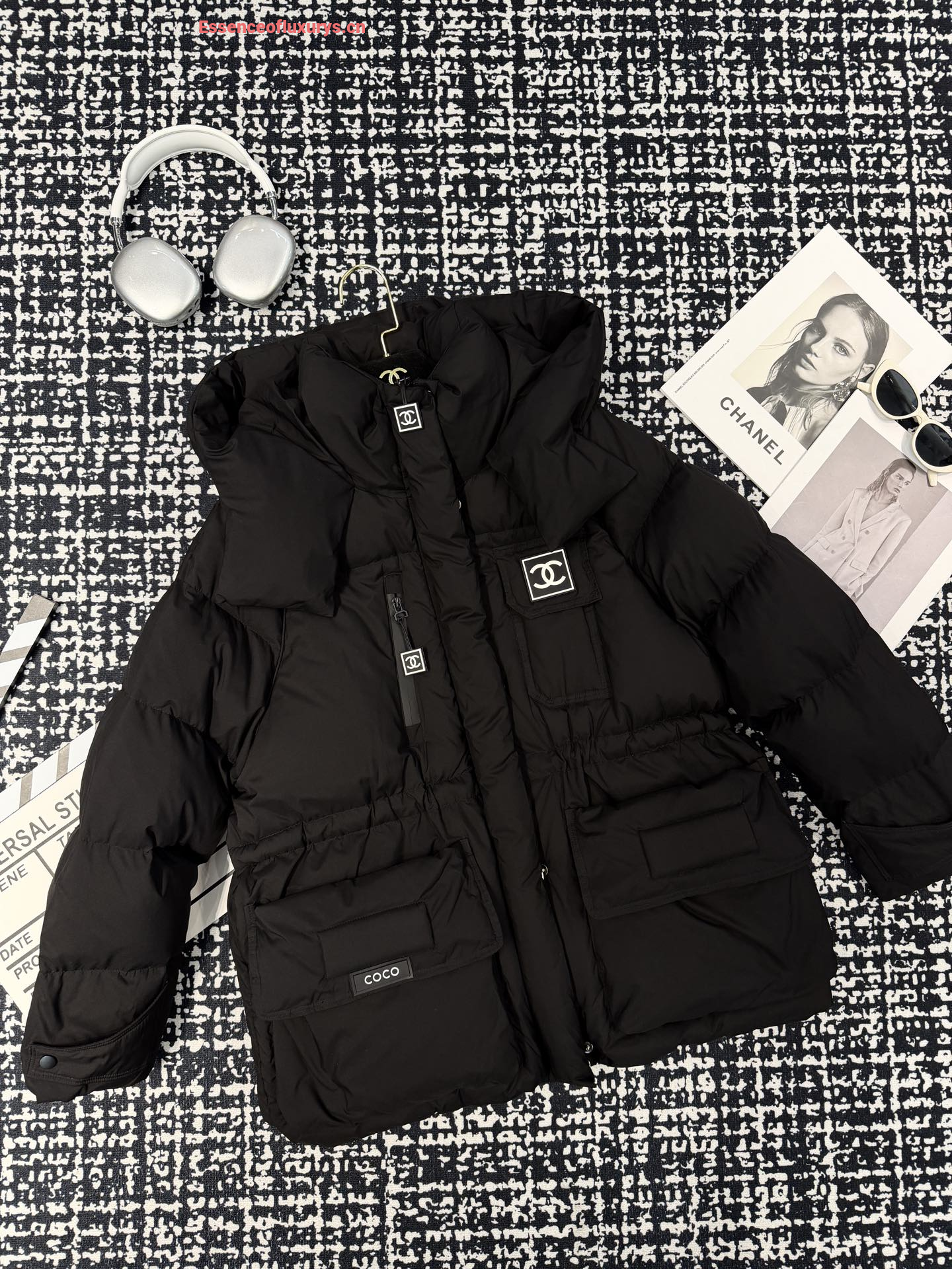 Chanel Black Puffer Hooded Coat