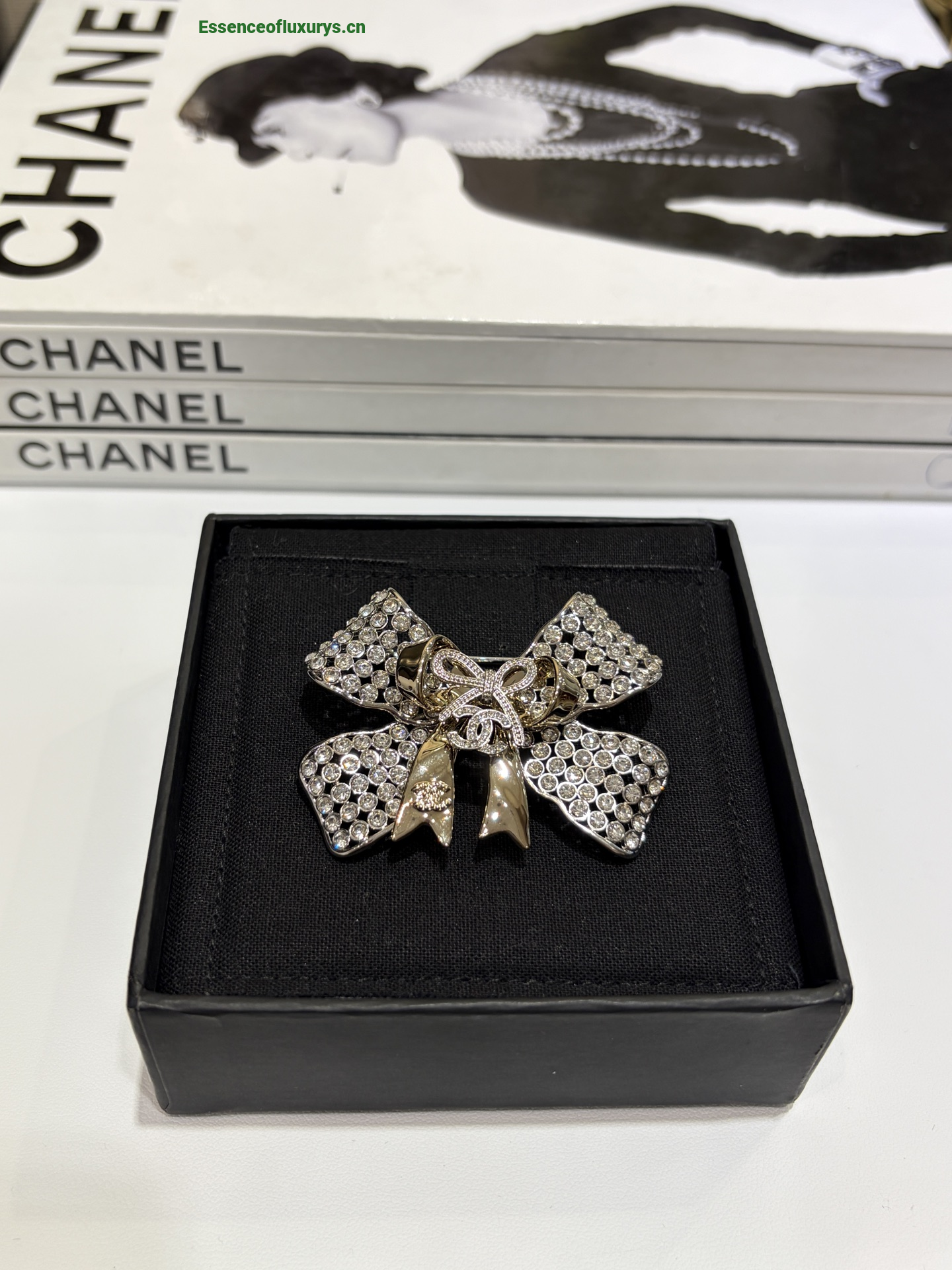 Chanel Crystal CC Bow Brooch