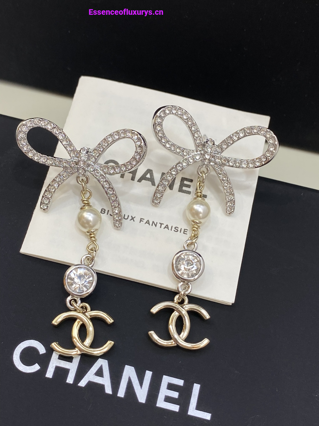 Chanel Crystal CC Bow Drop Earrings