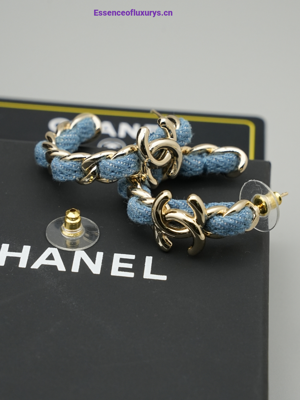 Chanel CC Denim Blue Hoop Earrings