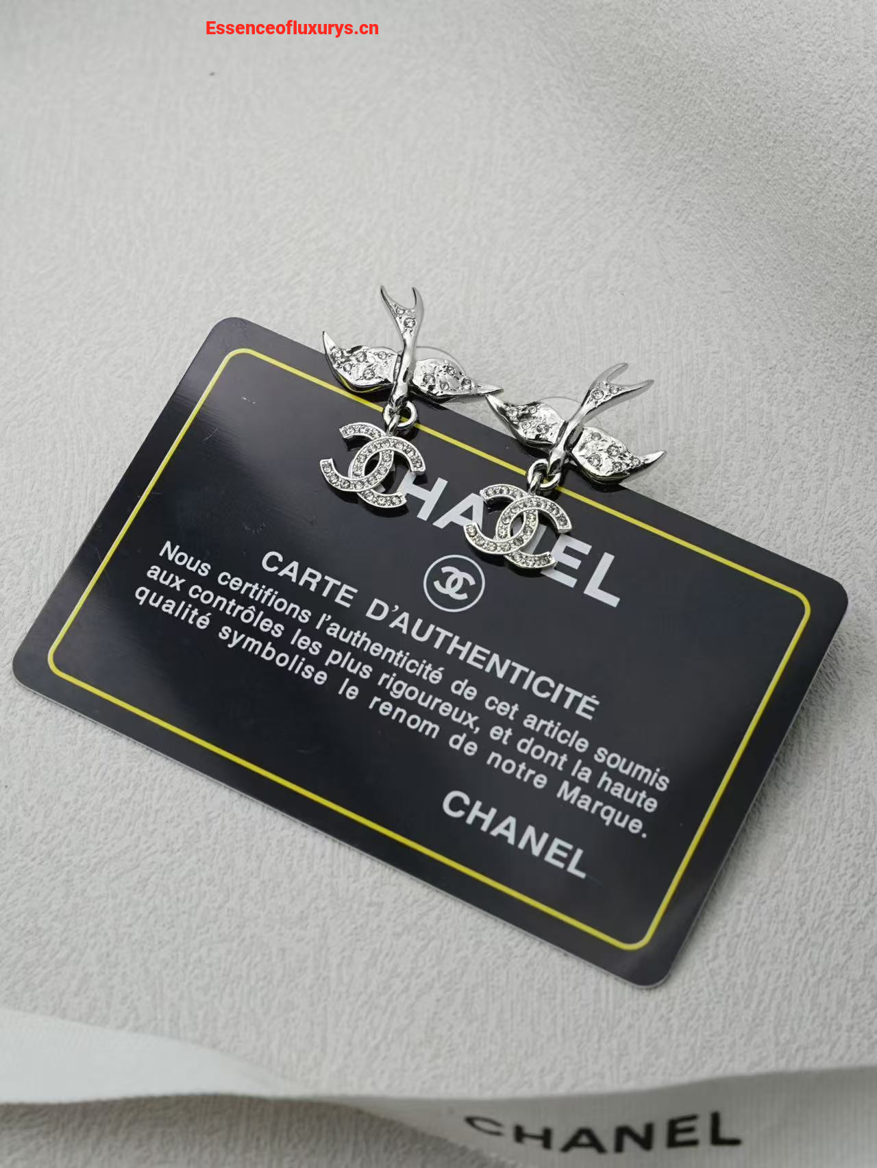 Chanel Crystal CC Bird Earrings Silver