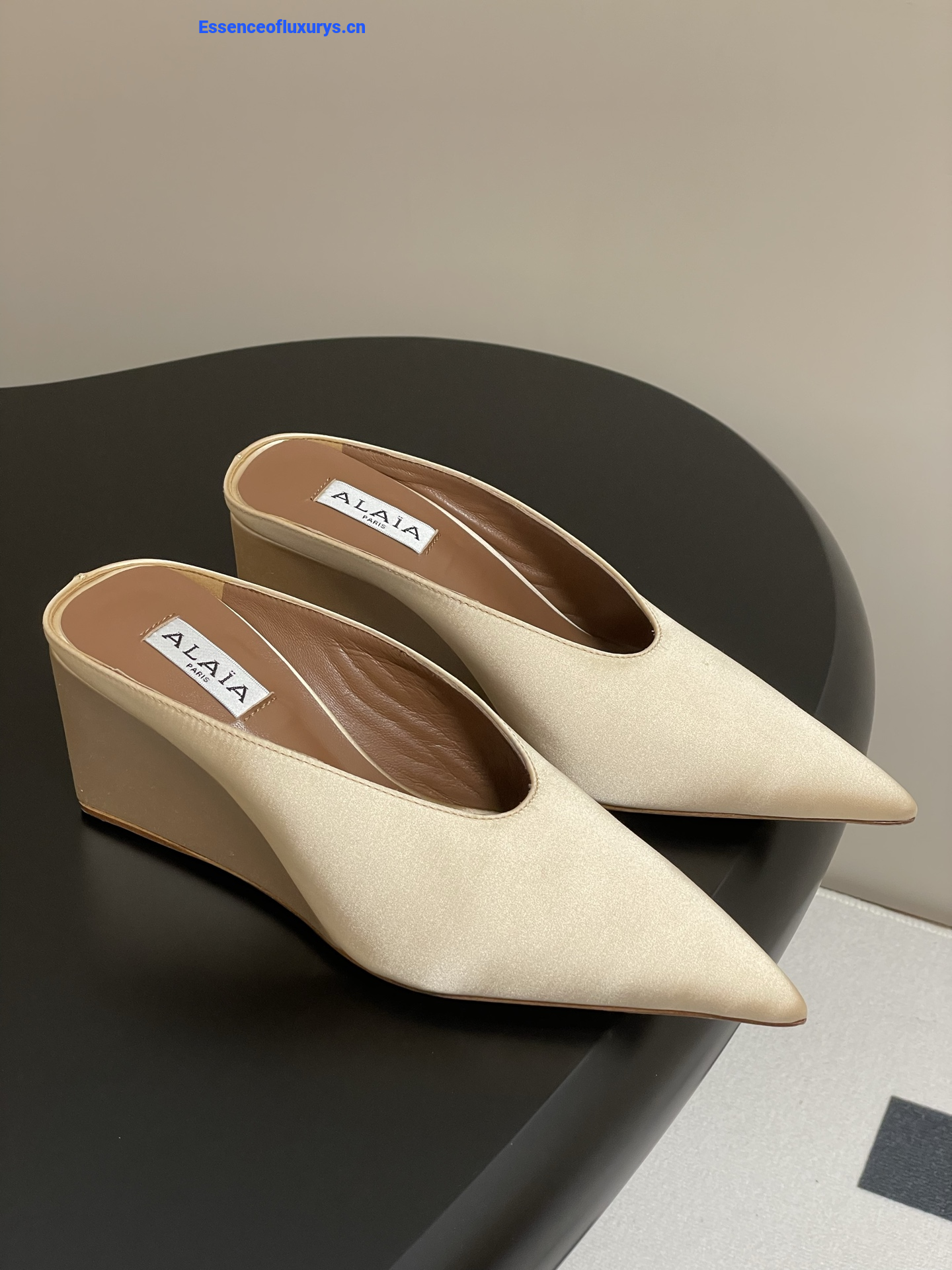 Alaia Beige Satin Cube Wedge Mules