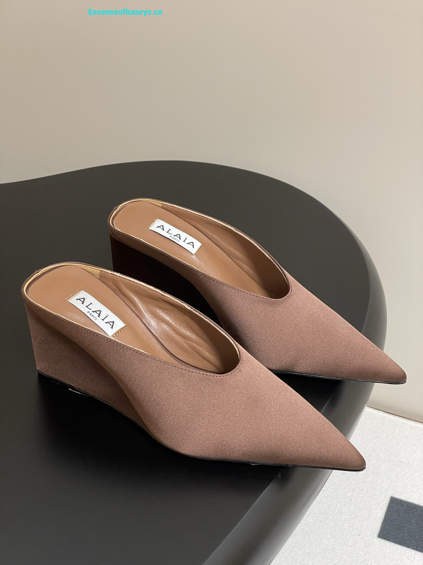 Alaia Brown Satin Cube Wedge Mules