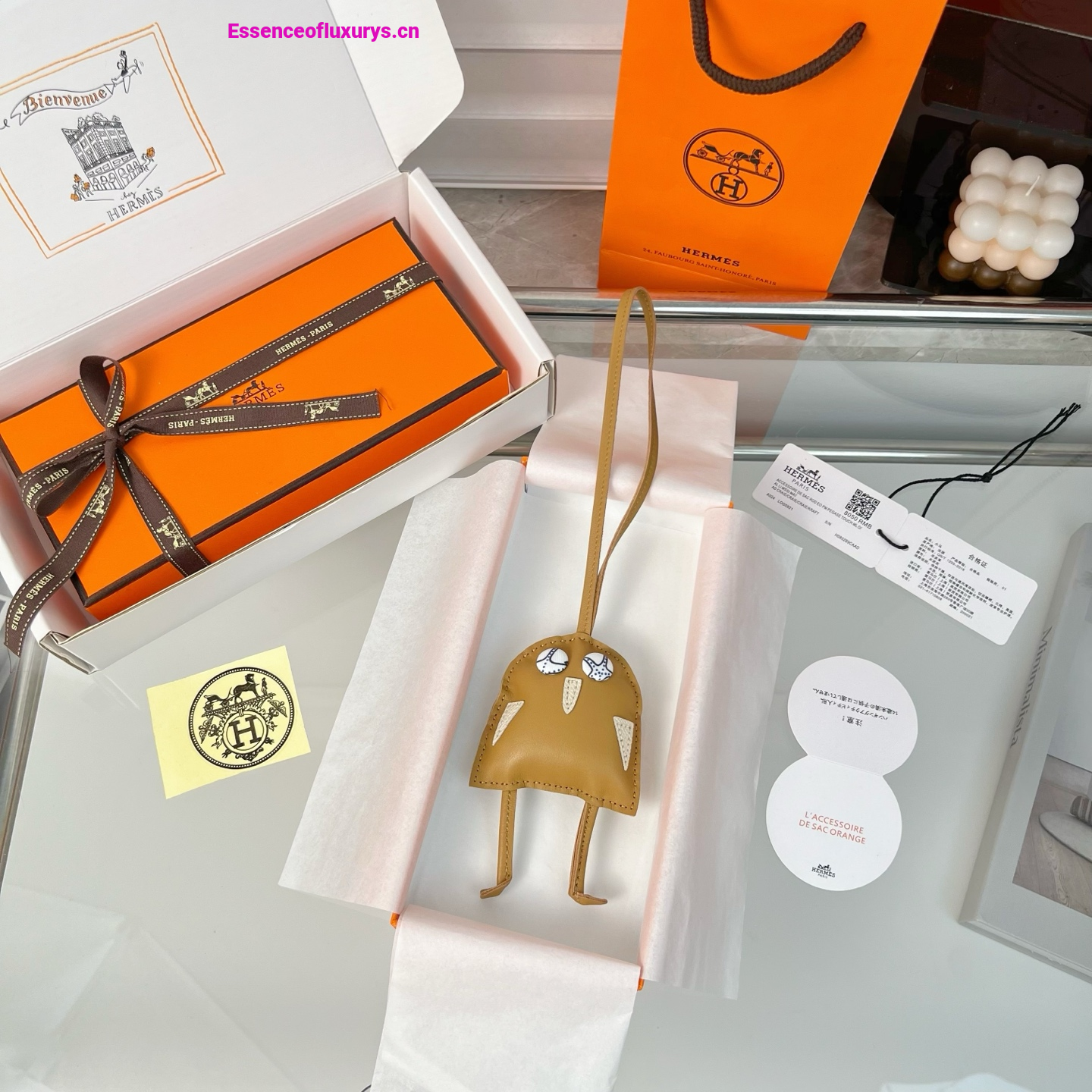 Hermes Hibouton Bag Charm Tan