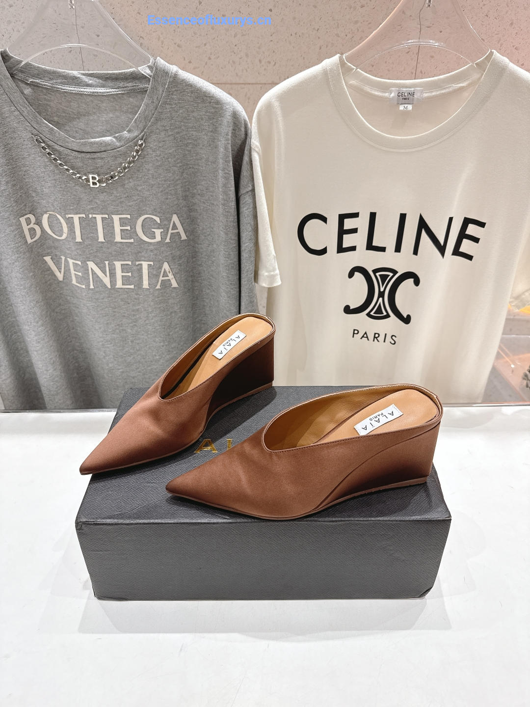 Alaia Cube Brown Satin Wedge Mules