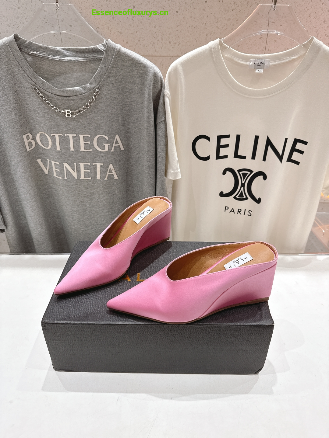 Alaia Cube Pink Satin Wedge Mules