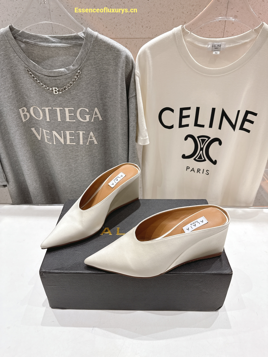 Alaia Cube White Satin Wedge Mules