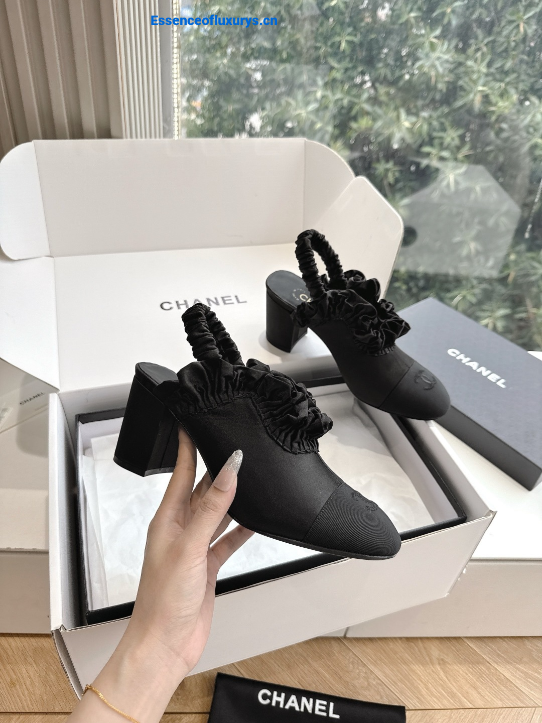 Chanel Black Satin Slingback Pumps