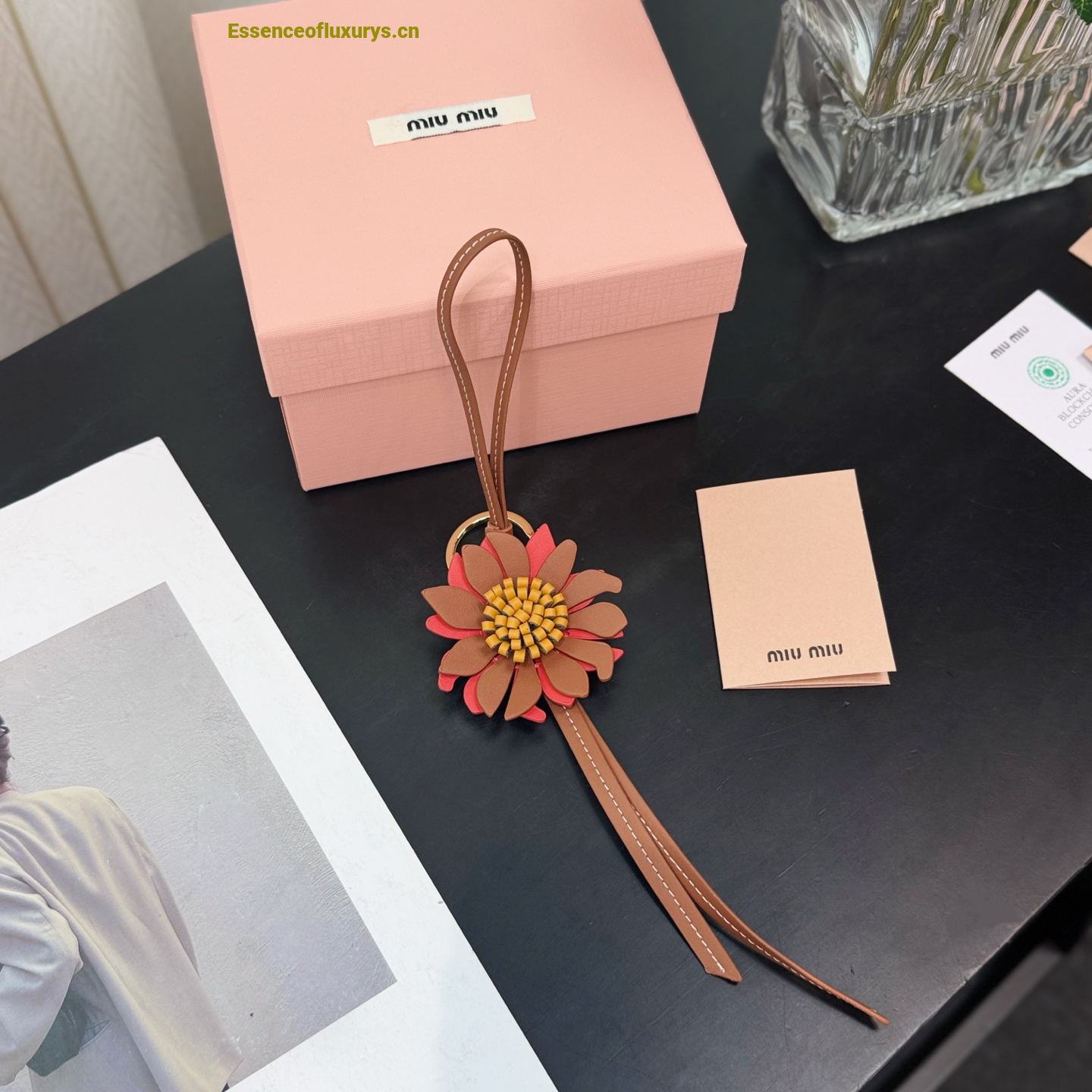 Miu Miu Trick Floral Leather Keyring Red Brown